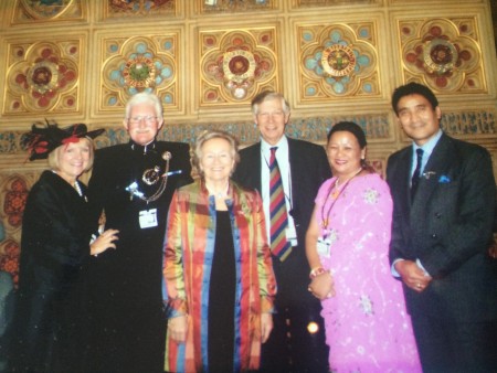 A historical picture that started the relationship with Lord, Lady Swinfen and the Swinfen Charitable Trust UK (from left to right) Lt Col Lynda Bardell, Maj HJ Bardell MBE, Lady Pat Swinfen MBE, Rt Hon Lord Roger Swinfen, Mrs Bimla Gurung and Hon Lt Chandra Gurung