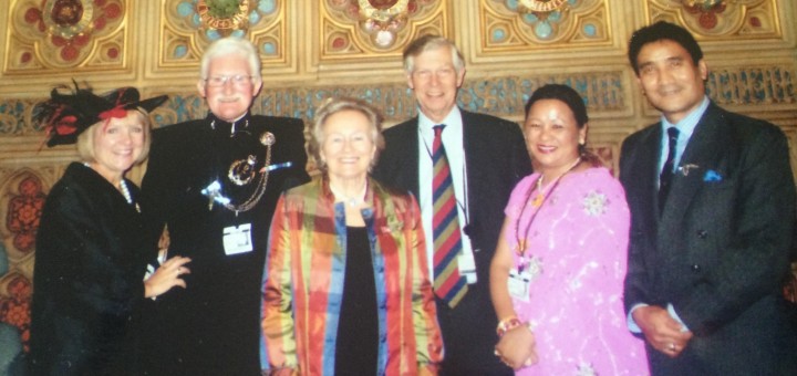 A historical picture that started the relationship with Lord, Lady Swinfen and the Swinfen Charitable Trust UK (from left to right) Lt Col Lynda Bardell, Maj HJ Bardell MBE, Lady Pat Swinfen MBE, Rt Hon Lord Roger Swinfen, Mrs Bimla Gurung and Hon Lt Chandra Gurung