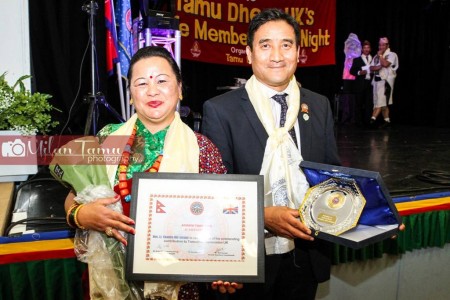 Tamu Dhee UK presented Tamudhee award "Adarsha Tamu 2015" to Chairman of CBTSUK Hon Lt. Chandra B Gurung.